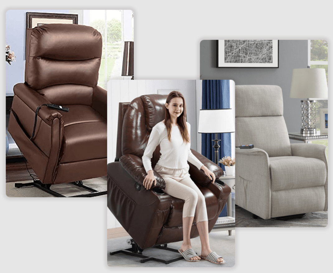 Three different power lift recliners in a home setting, including a woman seated in a brown leather model demonstrating the lift function.